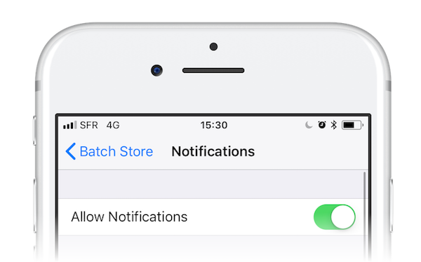 A smartphone screen displays Batch Store app "Notifications" settings, with "Allow Notifications" toggled on.