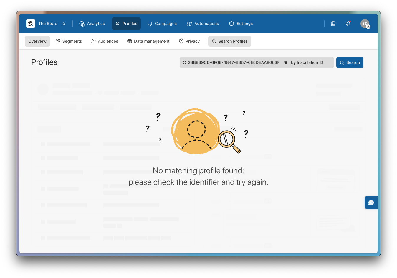 The image shows Batch's dashboard, specifically the "Profiles" section. A search for profile ID "288B39C6-6F68-4B47-BB57-6E5DEAA8063F by Installation ID" resulted in "No matching profile found: please check the identifier and try again." An icon of a person with a magnifying glass and question marks visually represents the search failure.